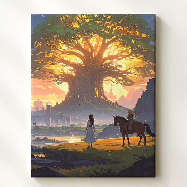 The Sacred Tree Canvas – Glowing Ancient Tree with Horseback Figure and Ruins - Gifitto