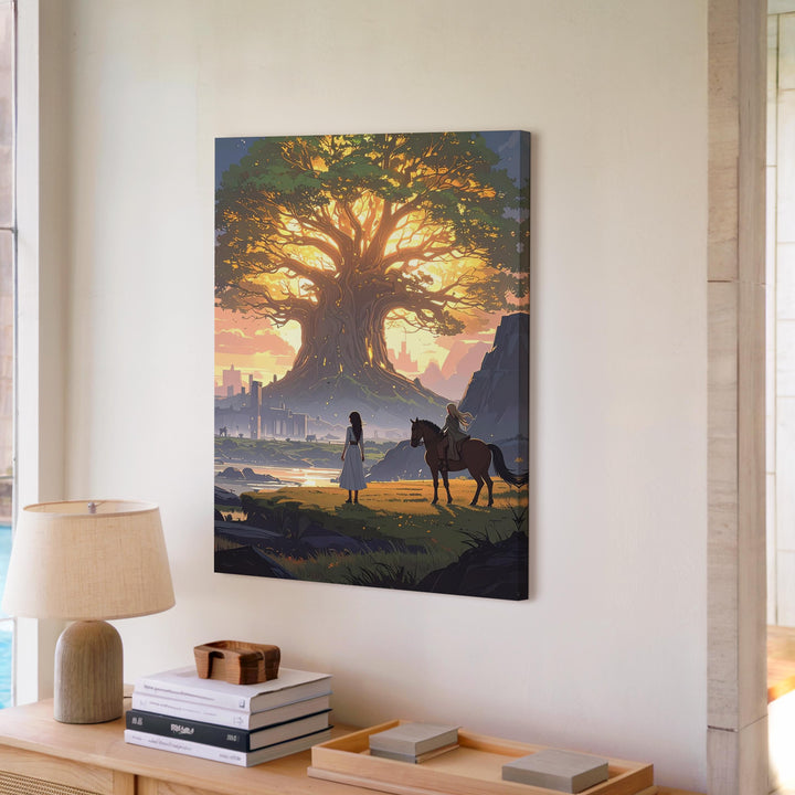 The Sacred Tree Canvas – Glowing Ancient Tree with Horseback Figure and Ruins - Gifitto