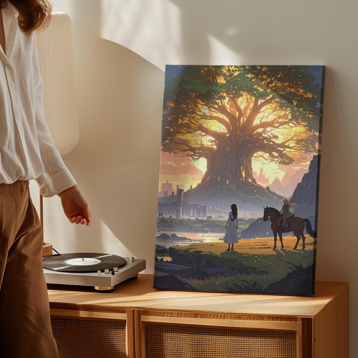 The Sacred Tree Canvas – Glowing Ancient Tree with Horseback Figure and Ruins - Gifitto