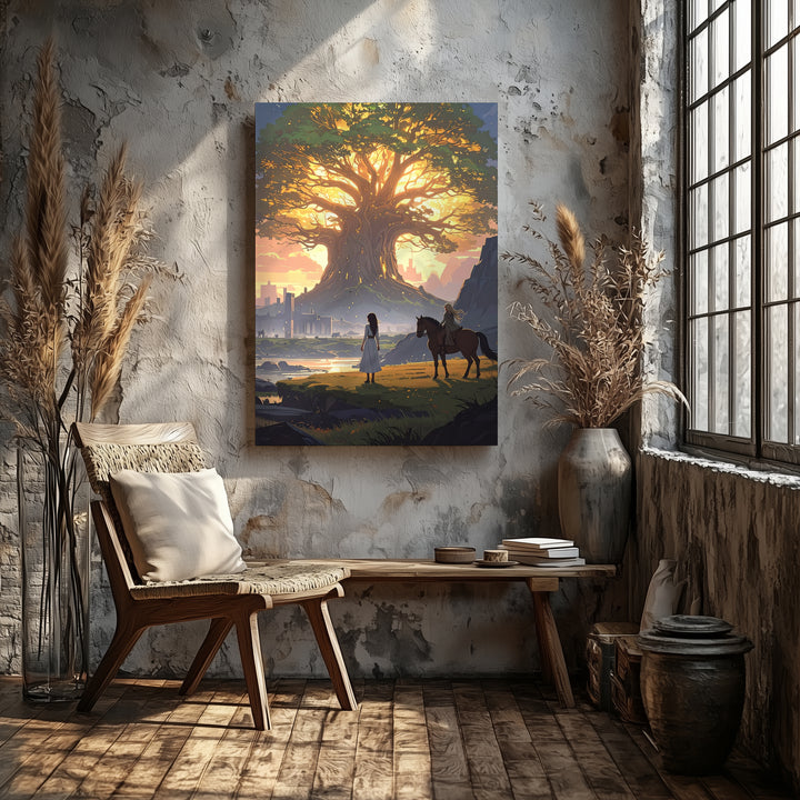 The Sacred Tree Canvas – Glowing Ancient Tree with Horseback Figure and Ruins - Gifitto