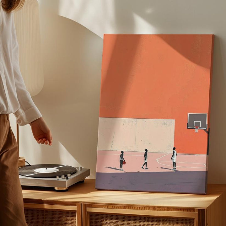 Minimalist Basketball Canvas – Dynamic Play on a Pastel Court - Gifitto