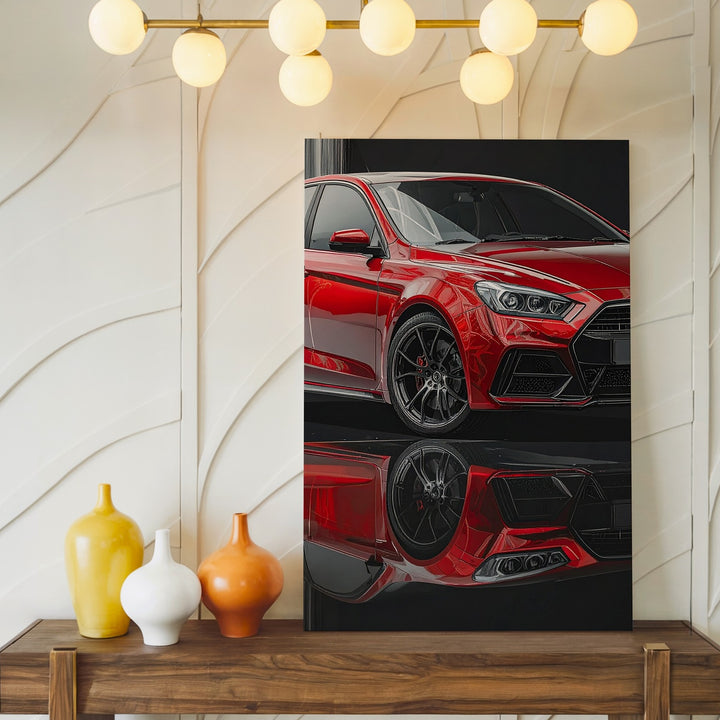 Red Sports Hatchback Neon Canvas – Cyberpunk Racing Wireframe Wall Art - Gifitto