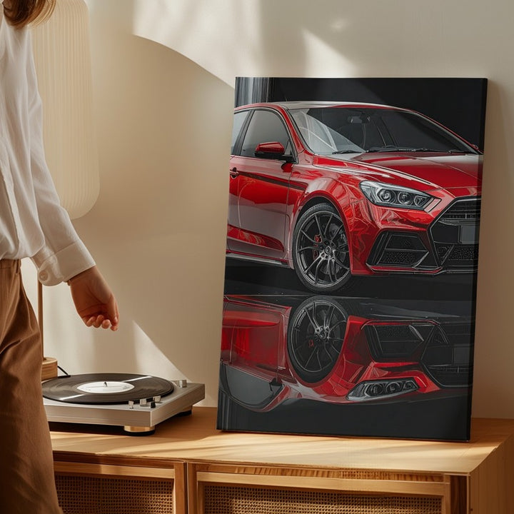 Red Sports Hatchback Neon Canvas – Cyberpunk Racing Wireframe Wall Art - Gifitto