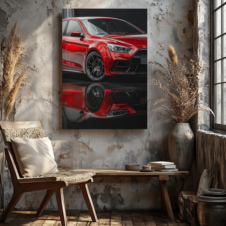 Red Sports Hatchback Neon Canvas – Cyberpunk Racing Wireframe Wall Art - Gifitto