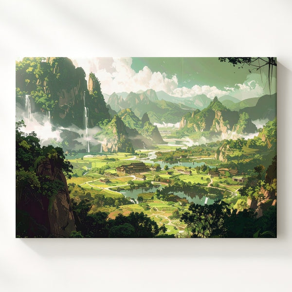 Tranquil Fantasy Landscape Canvas – Ancient Architecture and Rolling Hills - Gifitto