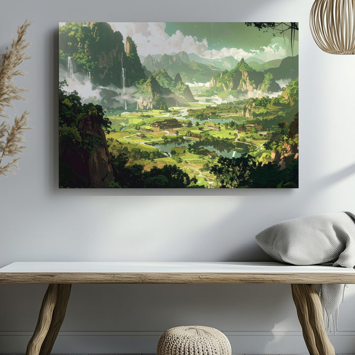 Tranquil Fantasy Landscape Canvas – Ancient Architecture and Rolling Hills - Gifitto