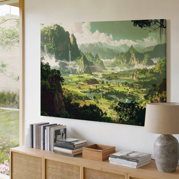Tranquil Fantasy Landscape Canvas – Ancient Architecture and Rolling Hills - Gifitto