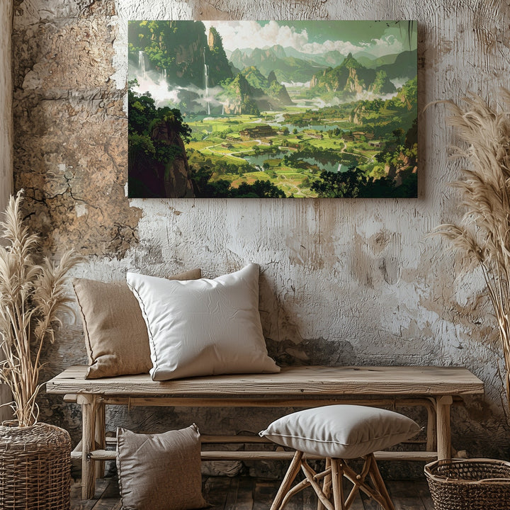 Tranquil Fantasy Landscape Canvas – Ancient Architecture and Rolling Hills - Gifitto