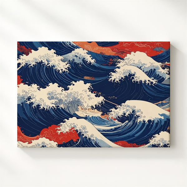 Ukiyo-e Ocean Energy Canvas – Abstract Japanese Wave Art in Red & Navy - Gifitto