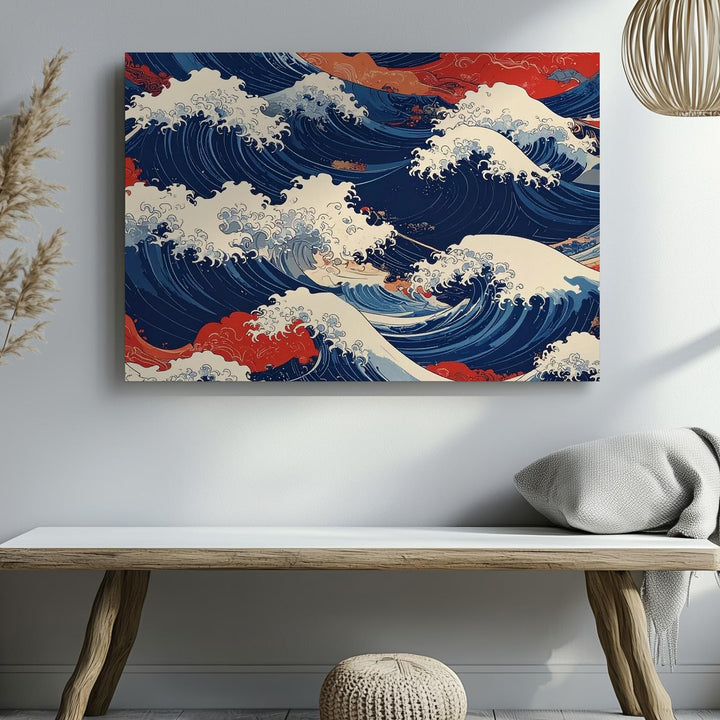 Ukiyo-e Ocean Energy Canvas – Abstract Japanese Wave Art in Red & Navy - Gifitto