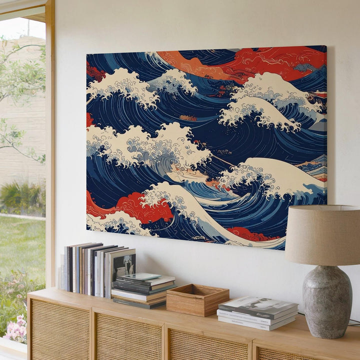 Ukiyo-e Ocean Energy Canvas – Abstract Japanese Wave Art in Red & Navy - Gifitto