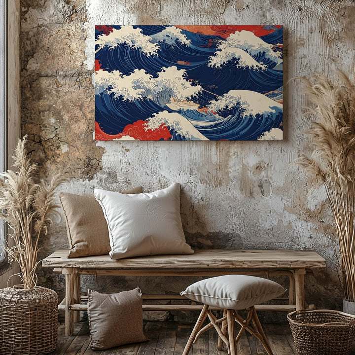 Ukiyo-e Ocean Energy Canvas – Abstract Japanese Wave Art in Red & Navy - Gifitto