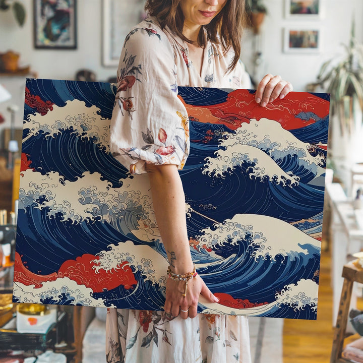 Ukiyo-e Ocean Energy Canvas – Abstract Japanese Wave Art in Red & Navy - Gifitto