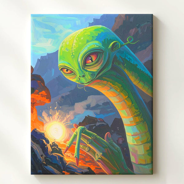 Alien Encounter Canvas – Vibrant Green Creature in Fiery Rocky Landscape - Gifitto