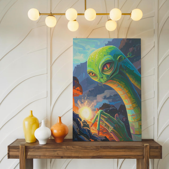 Alien Encounter Canvas – Vibrant Green Creature in Fiery Rocky Landscape - Gifitto