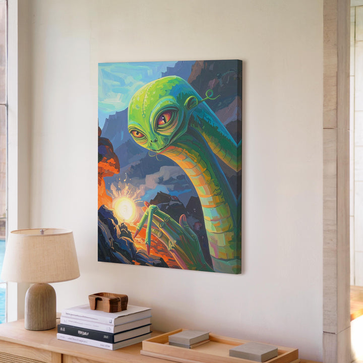 Alien Encounter Canvas – Vibrant Green Creature in Fiery Rocky Landscape - Gifitto