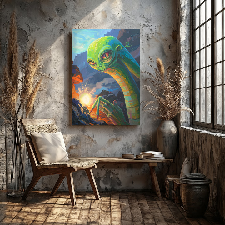 Alien Encounter Canvas – Vibrant Green Creature in Fiery Rocky Landscape - Gifitto