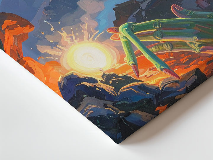 Alien Encounter Canvas – Vibrant Green Creature in Fiery Rocky Landscape - Gifitto