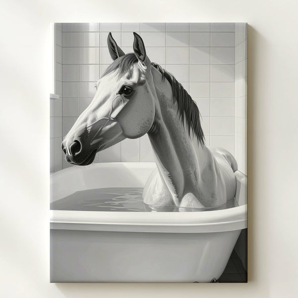 Horse in Bathtub Canvas – Humorous Equestrian Bathroom Art - Gifitto