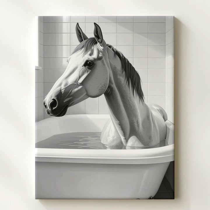 Horse in Bathtub Canvas – Humorous Equestrian Bathroom Art - Gifitto