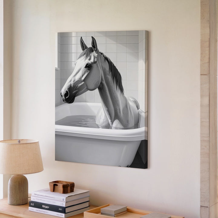 Horse in Bathtub Canvas – Humorous Equestrian Bathroom Art - Gifitto