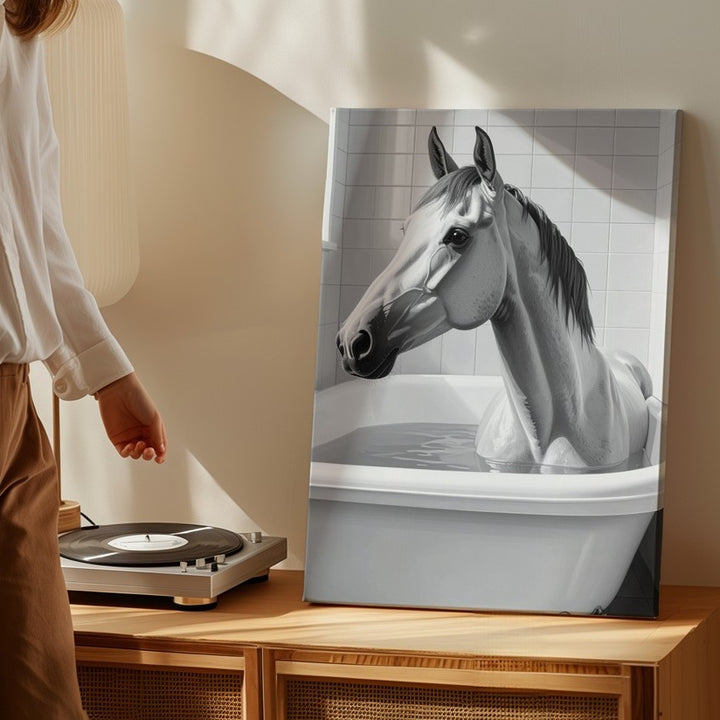 Horse in Bathtub Canvas – Humorous Equestrian Bathroom Art - Gifitto