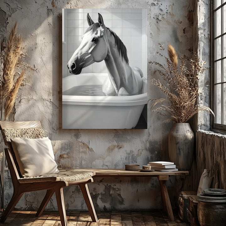 Horse in Bathtub Canvas – Humorous Equestrian Bathroom Art - Gifitto