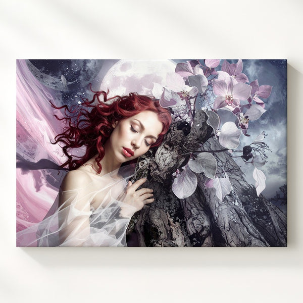 Celestial Woman and Tree Trunk Canvas – Surreal Nature and Dreamscape Art - Gifitto