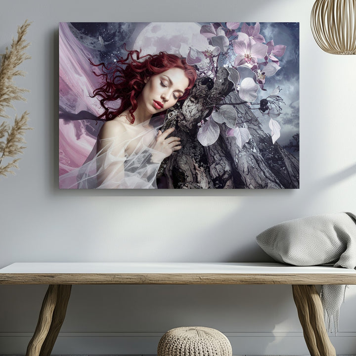 Celestial Woman and Tree Trunk Canvas – Surreal Nature and Dreamscape Art - Gifitto