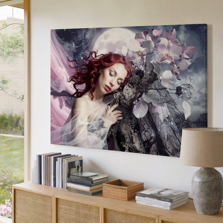 Celestial Woman and Tree Trunk Canvas – Surreal Nature and Dreamscape Art - Gifitto