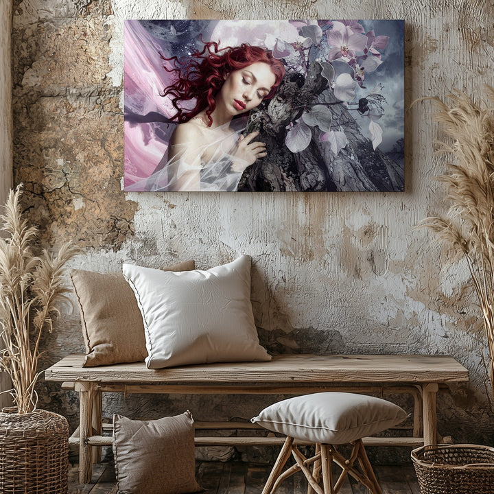 Celestial Woman and Tree Trunk Canvas – Surreal Nature and Dreamscape Art - Gifitto