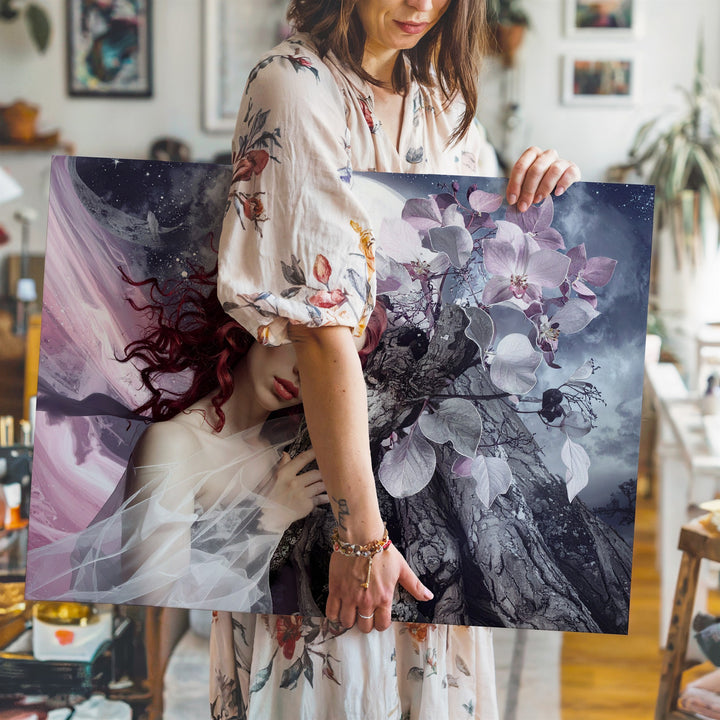 Celestial Woman and Tree Trunk Canvas – Surreal Nature and Dreamscape Art - Gifitto