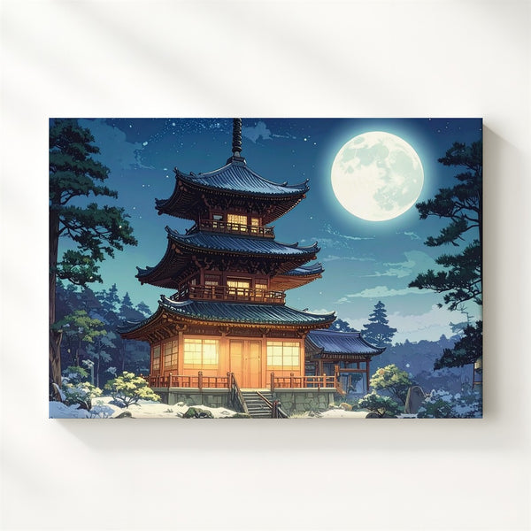 Moonlit Pagoda in Winter Canvas – Traditional Japanese Temple Night Scene - Gifitto