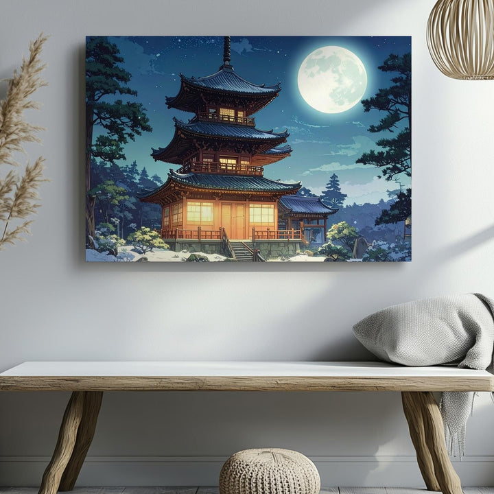 Moonlit Pagoda in Winter Canvas – Traditional Japanese Temple Night Scene - Gifitto