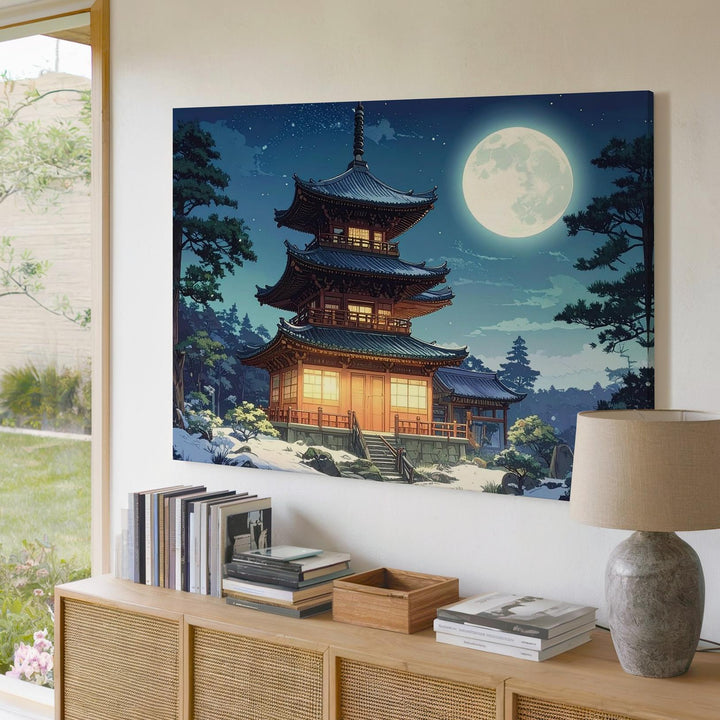 Moonlit Pagoda in Winter Canvas – Traditional Japanese Temple Night Scene - Gifitto