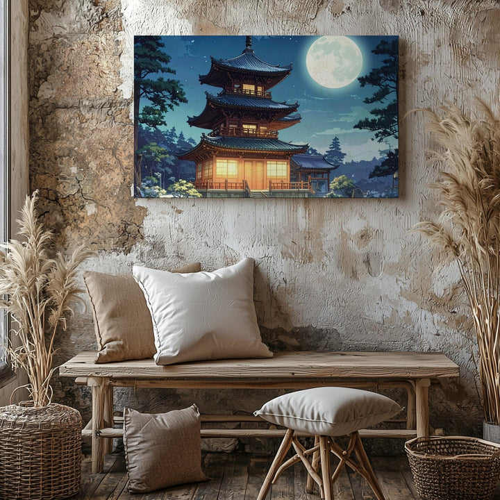 Moonlit Pagoda in Winter Canvas – Traditional Japanese Temple Night Scene - Gifitto
