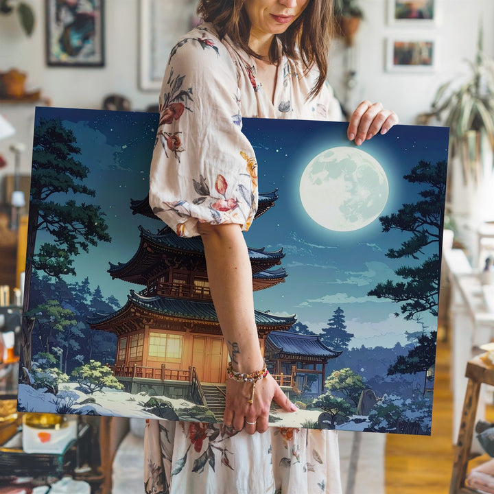 Moonlit Pagoda in Winter Canvas – Traditional Japanese Temple Night Scene - Gifitto