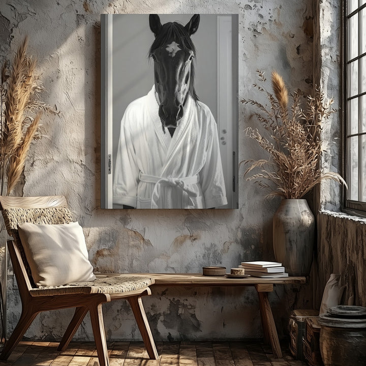Bathrobe Horse Canvas – Humorous Equestrian Loungewear Art - Gifitto