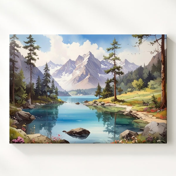 Pristine Mountain Lake Canvas – Tranquil Wilderness with Snow-Capped Peaks - Gifitto