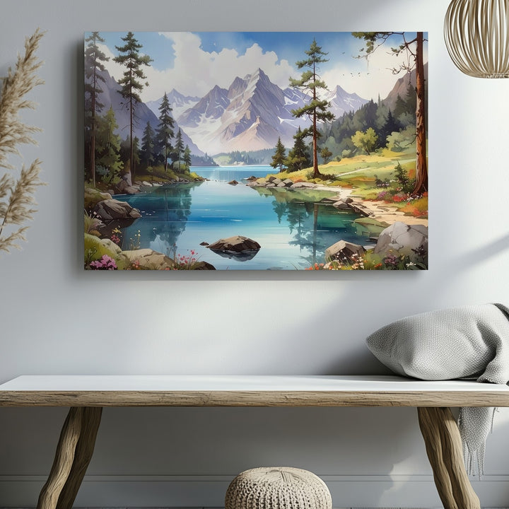 Pristine Mountain Lake Canvas – Tranquil Wilderness with Snow-Capped Peaks - Gifitto