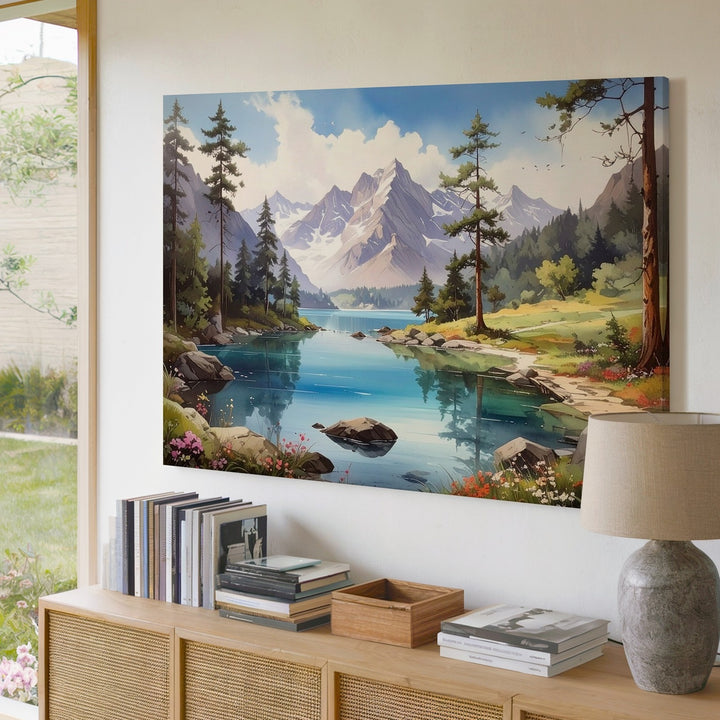 Pristine Mountain Lake Canvas – Tranquil Wilderness with Snow-Capped Peaks - Gifitto