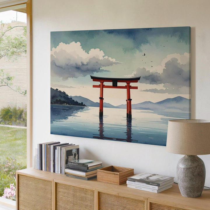 Torii Gate in Mist Canvas – Minimalist Japanese Spiritual Landscape Art - Gifitto