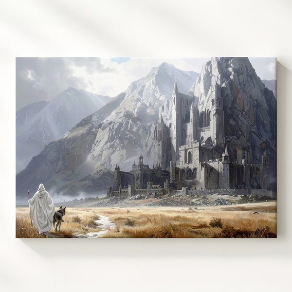 Fantasy Journey to Mountain City Canvas – White-Clad Traveler and Wolf - Gifitto