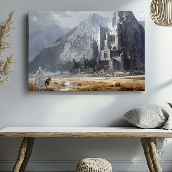 Fantasy Journey to Mountain City Canvas – White-Clad Traveler and Wolf - Gifitto