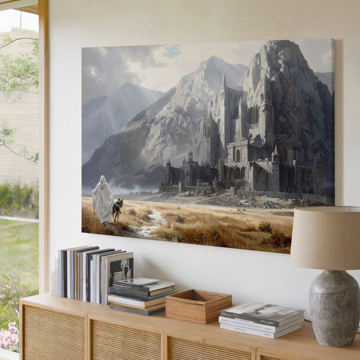 Fantasy Journey to Mountain City Canvas – White-Clad Traveler and Wolf - Gifitto