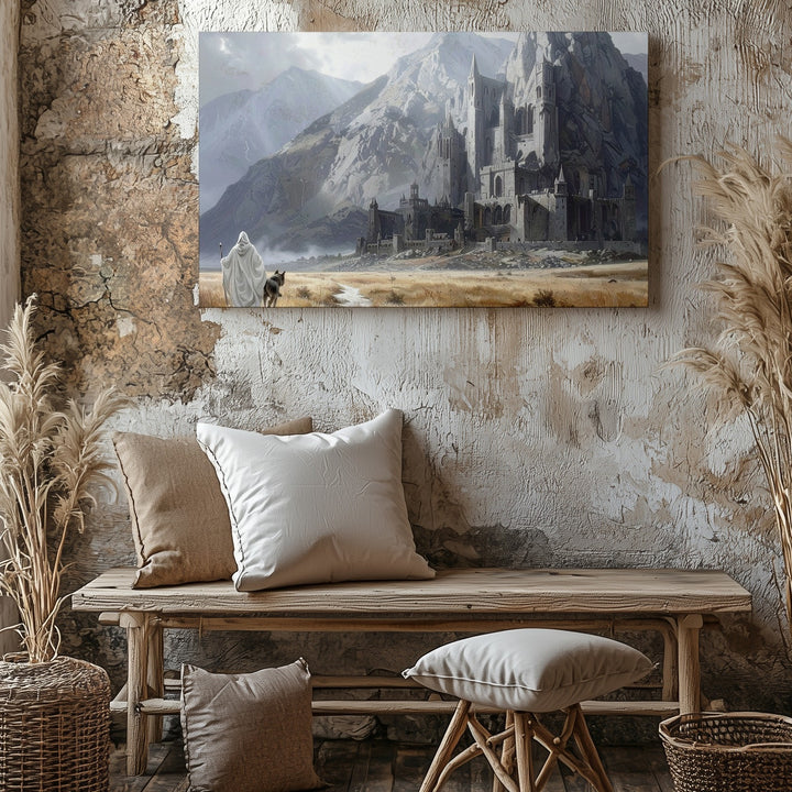 Fantasy Journey to Mountain City Canvas – White-Clad Traveler and Wolf - Gifitto