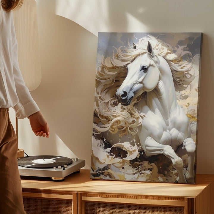 Majestic White Horse Canvas – Dreamlike Galloping Art - Gifitto