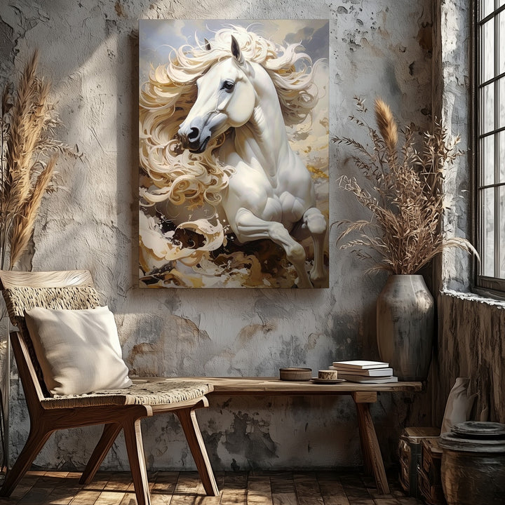 Majestic White Horse Canvas – Dreamlike Galloping Art - Gifitto