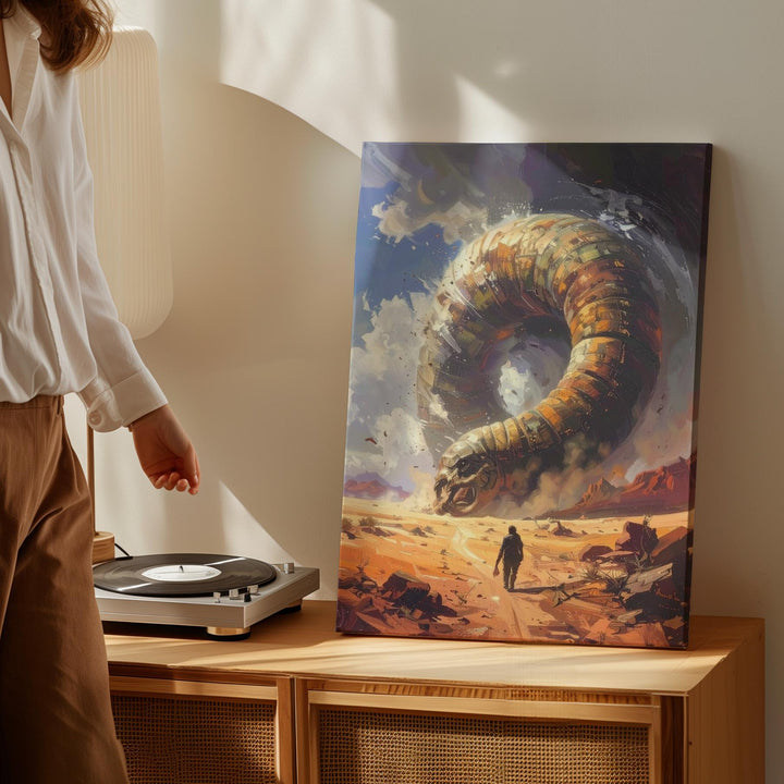 Sandworm Encounter Canvas – Colossal Desert Creature Emerging from the Sand - Gifitto