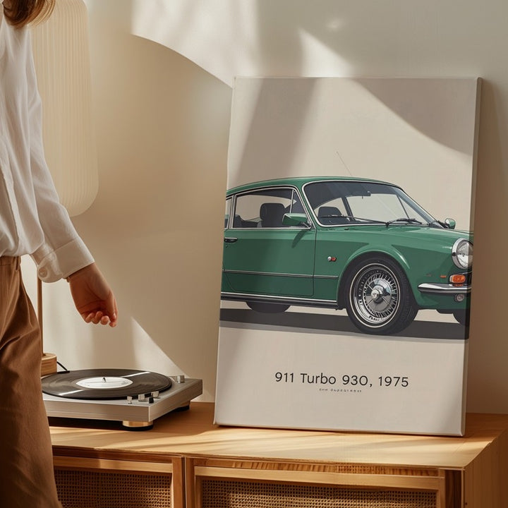 Minimalist Green Porsche 911 Turbo 930 Canvas – Vintage 1975 Sports Car Wall Art - Gifitto